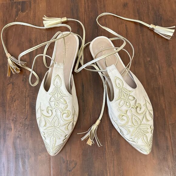 RAYE Gold Embroidered Lace Up Mule Sandals in Ivory Suede - Picture 1 of 9